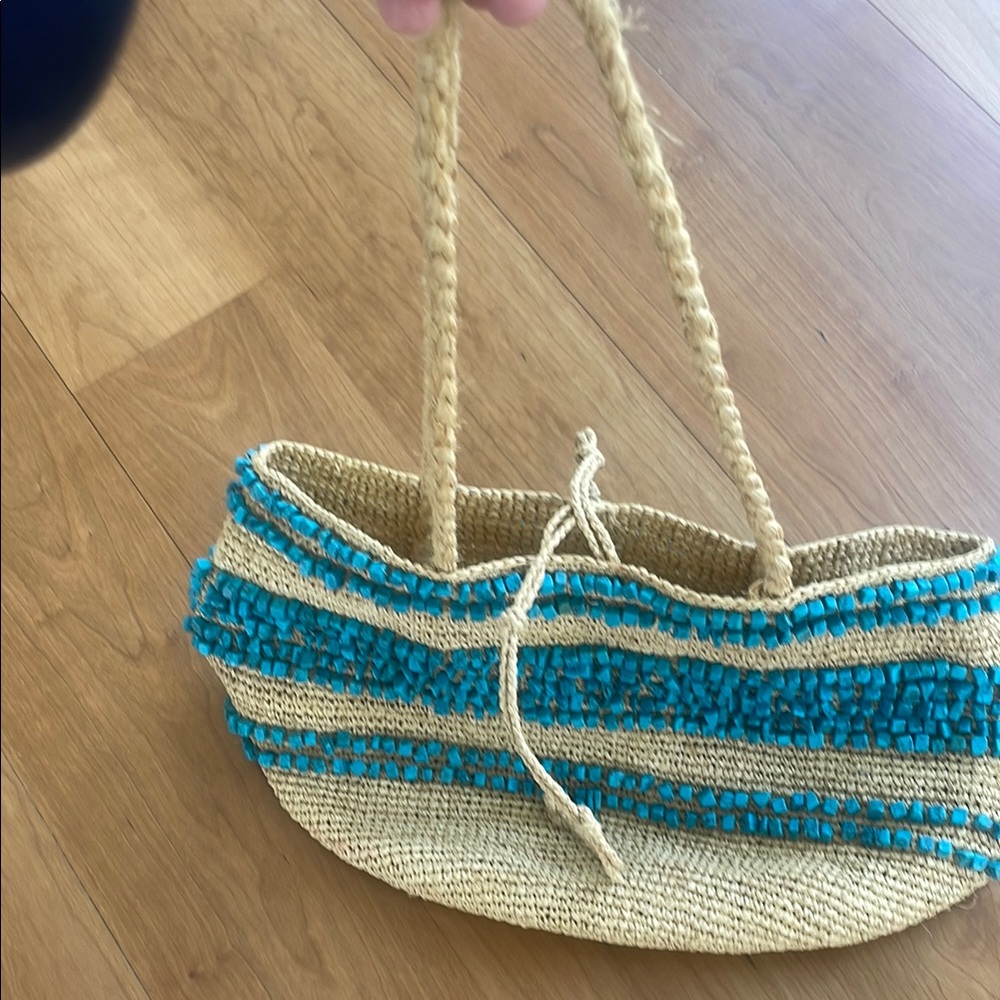 Handcrafted Straw Tote Bag with Blue Accents